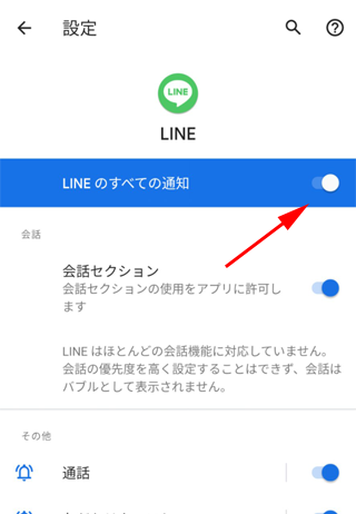 ［LINE のすべての通知］がオン