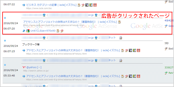 ページの推移と広告をクリックした場所