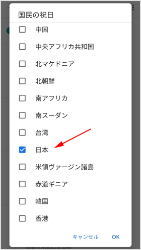 祝日を表示させる国にチェック