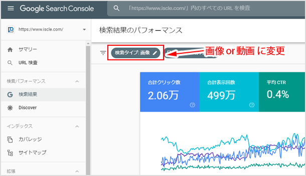 Search Console での検索パフォーマンスを［検索タイプ］を［画像］または［動画］に変更