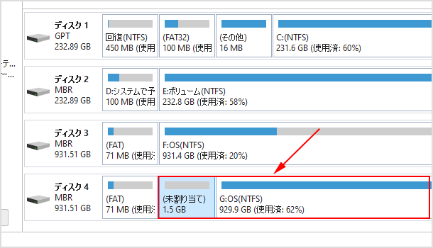 未割り当ての領域が変わった