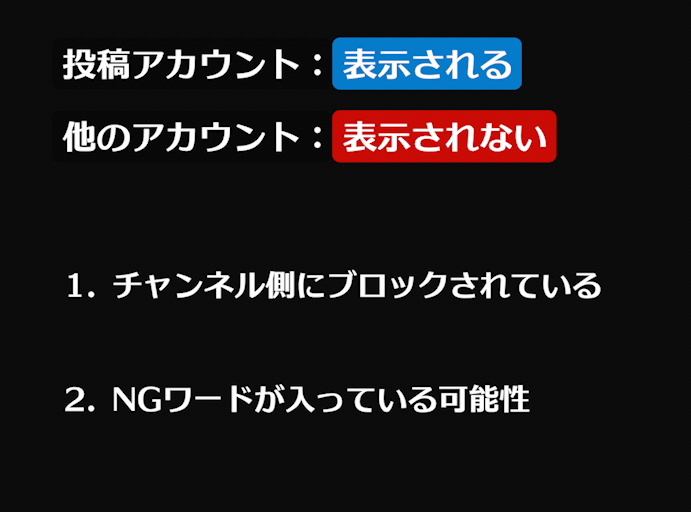 投稿アカウントは表示される、他のアカウントで表示されない