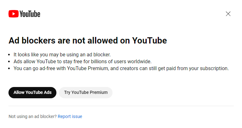  YouTube で表示されたアドブロッカーに対するメッセージ