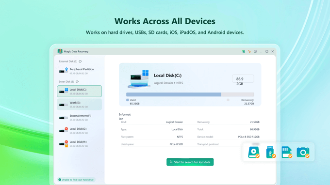 Magic Data Recoveryが様々なデバイスで動作することを示すスクリーンショット