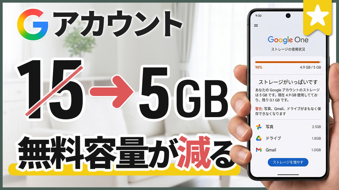 Google 最大無料ストレージが15GBから5GBに減る